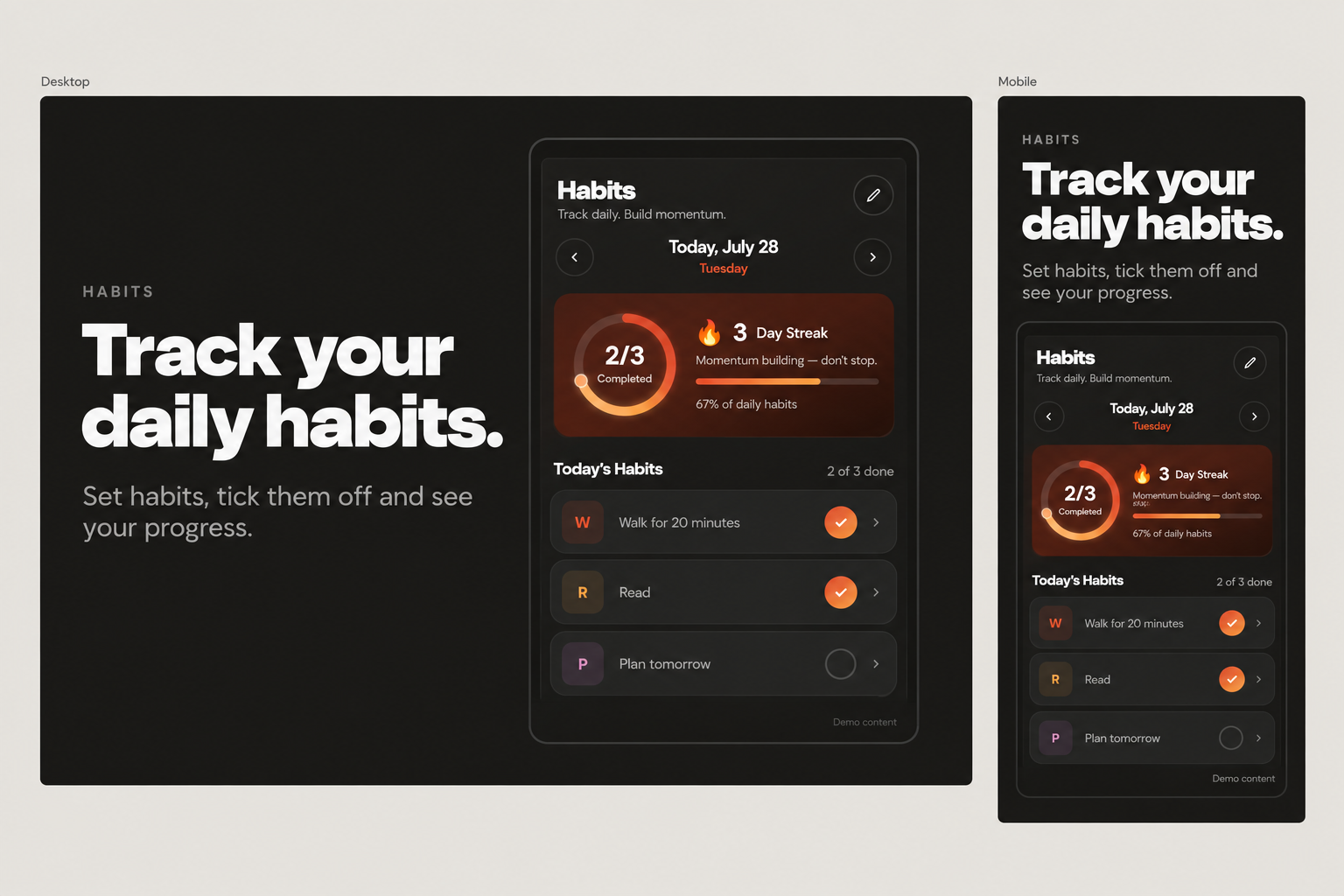 Habits demo with two of three habits completed: walking, reading and planning tomorrow.