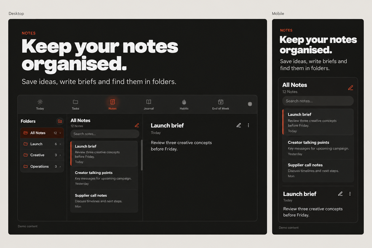 Swing folders, note list and a launch brief containing fictional content.