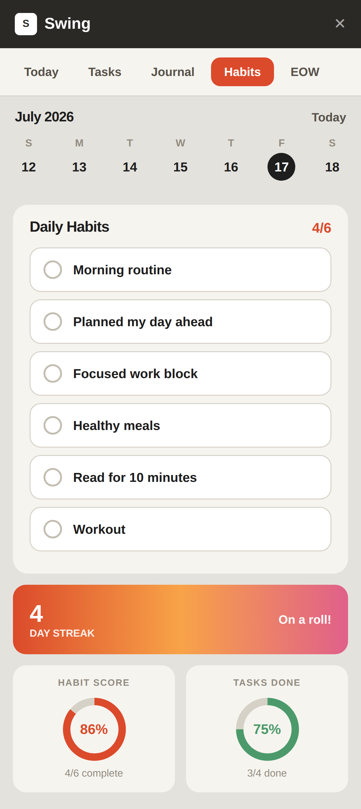 Swing's Habits view with streak and score