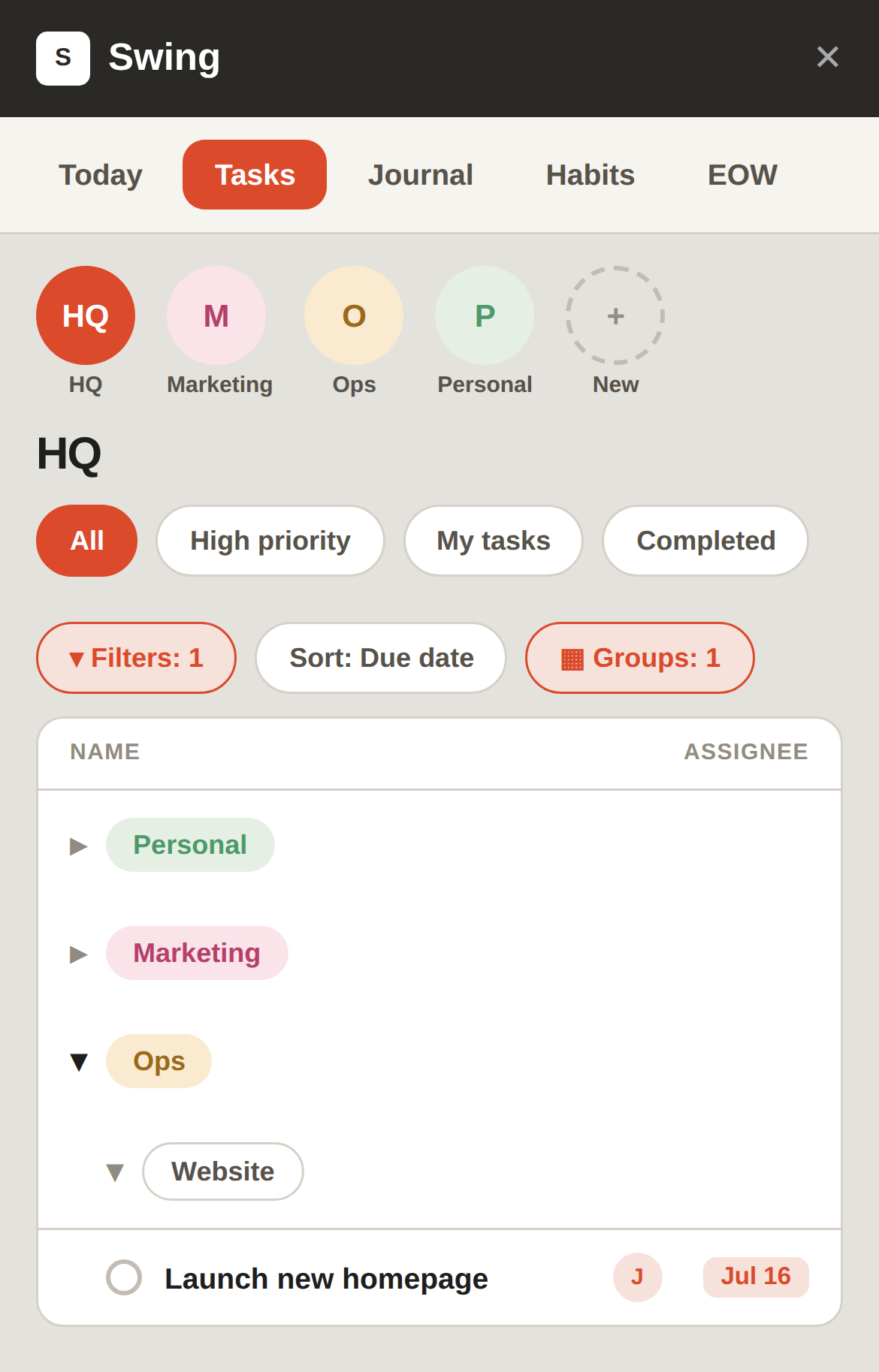 Swing's Tasks view, grouped by project