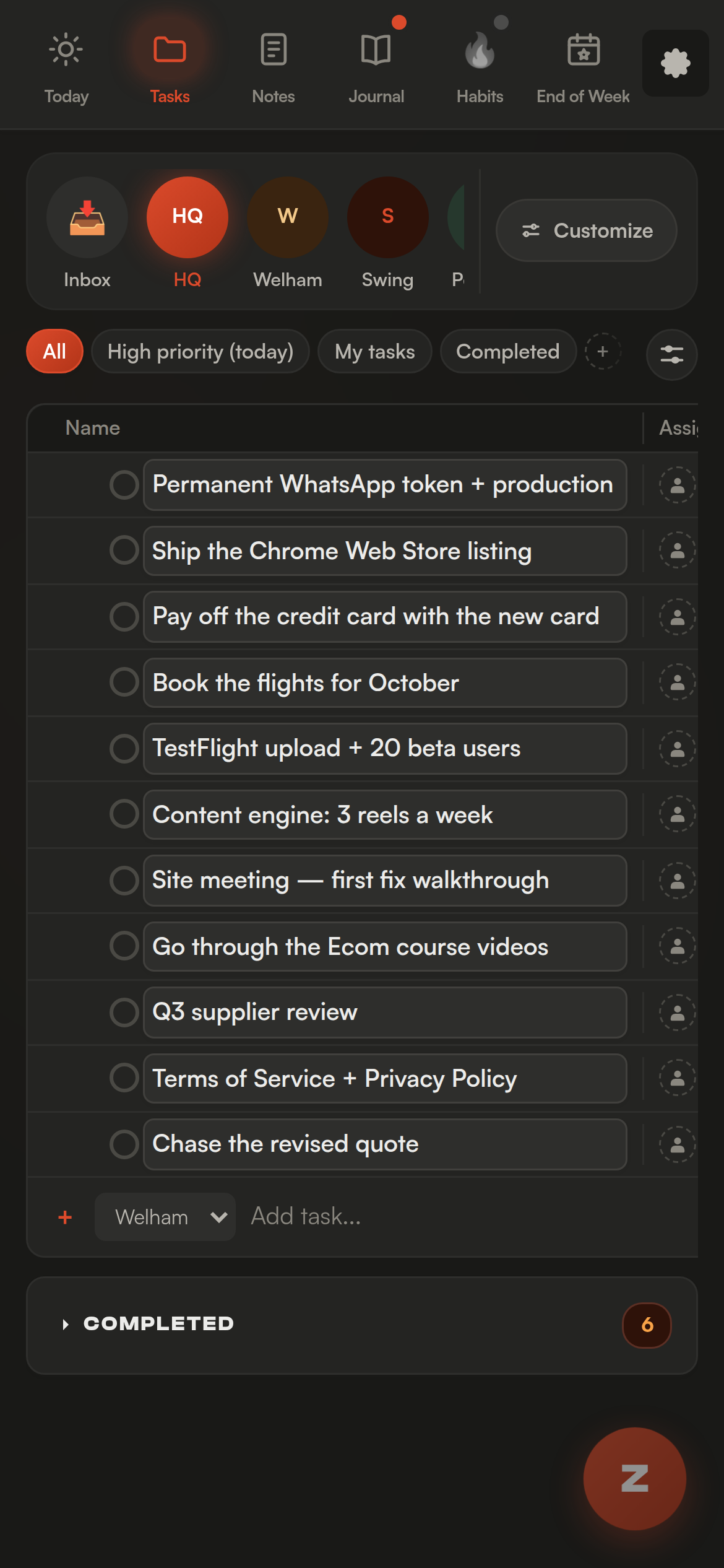 Swing's Tasks view