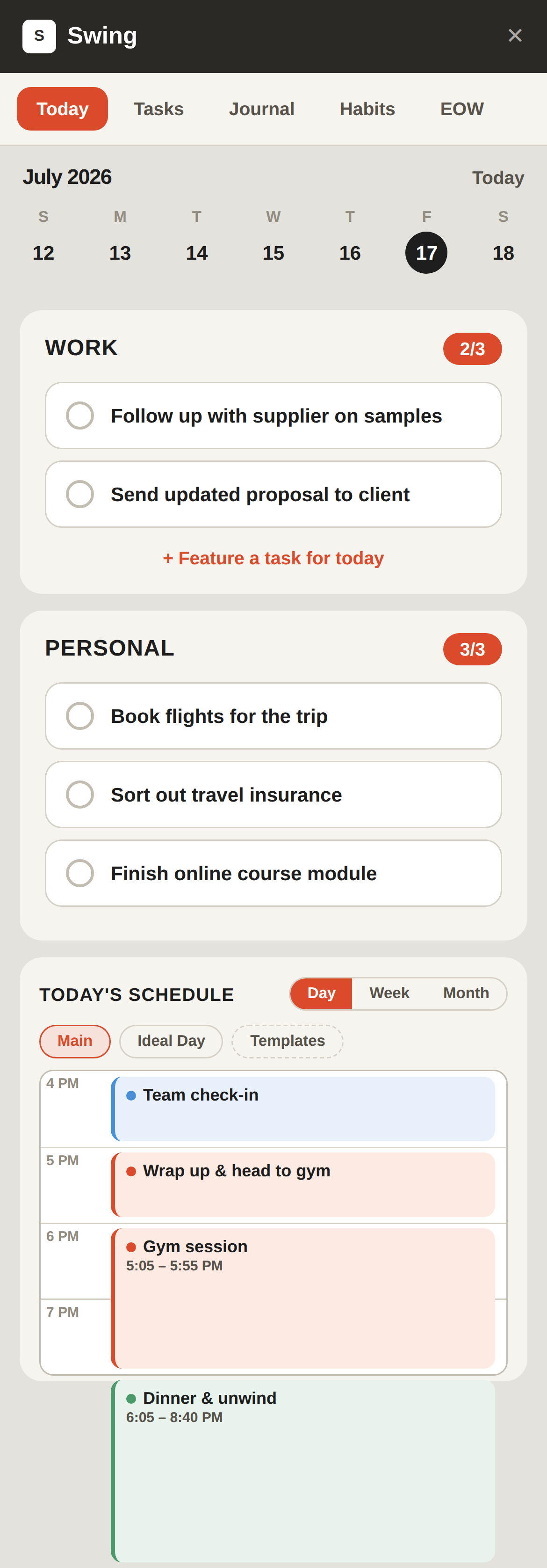 Swing's Today view — Work and Personal tasks plus the day's schedule