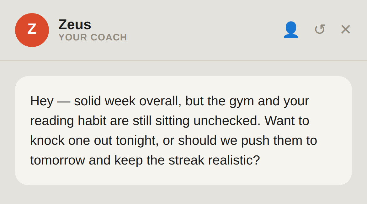 Zeus, Swing's AI coach, checking in on a habit