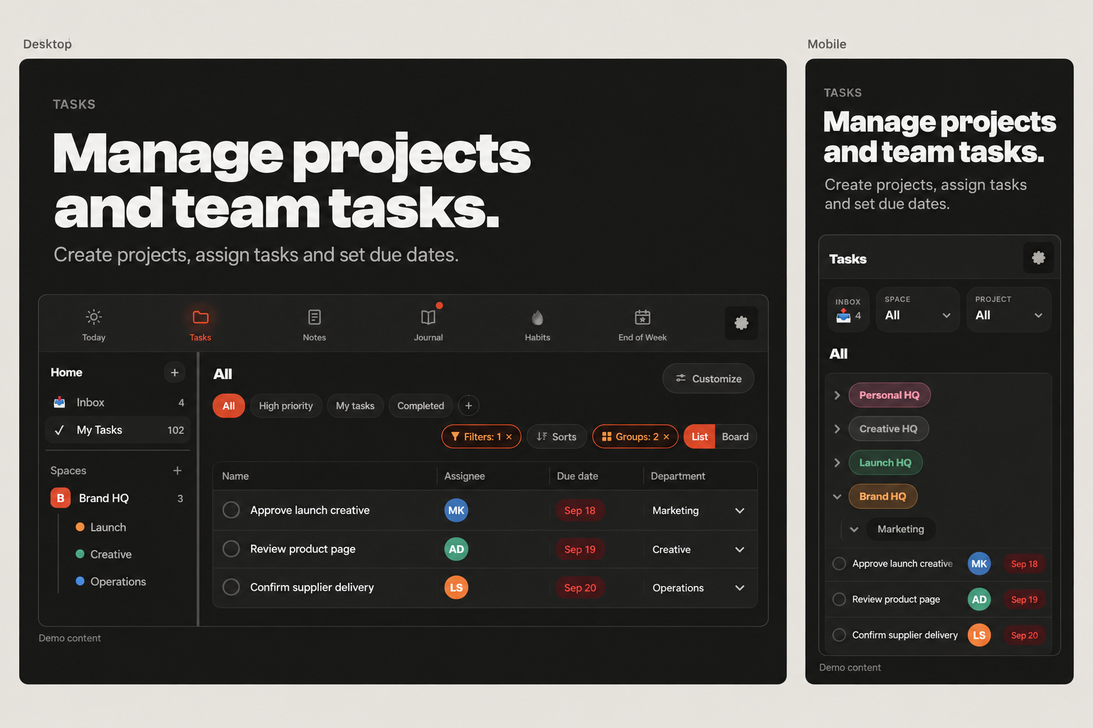 Swing desktop task workspace with fictional projects, assignees and due dates.