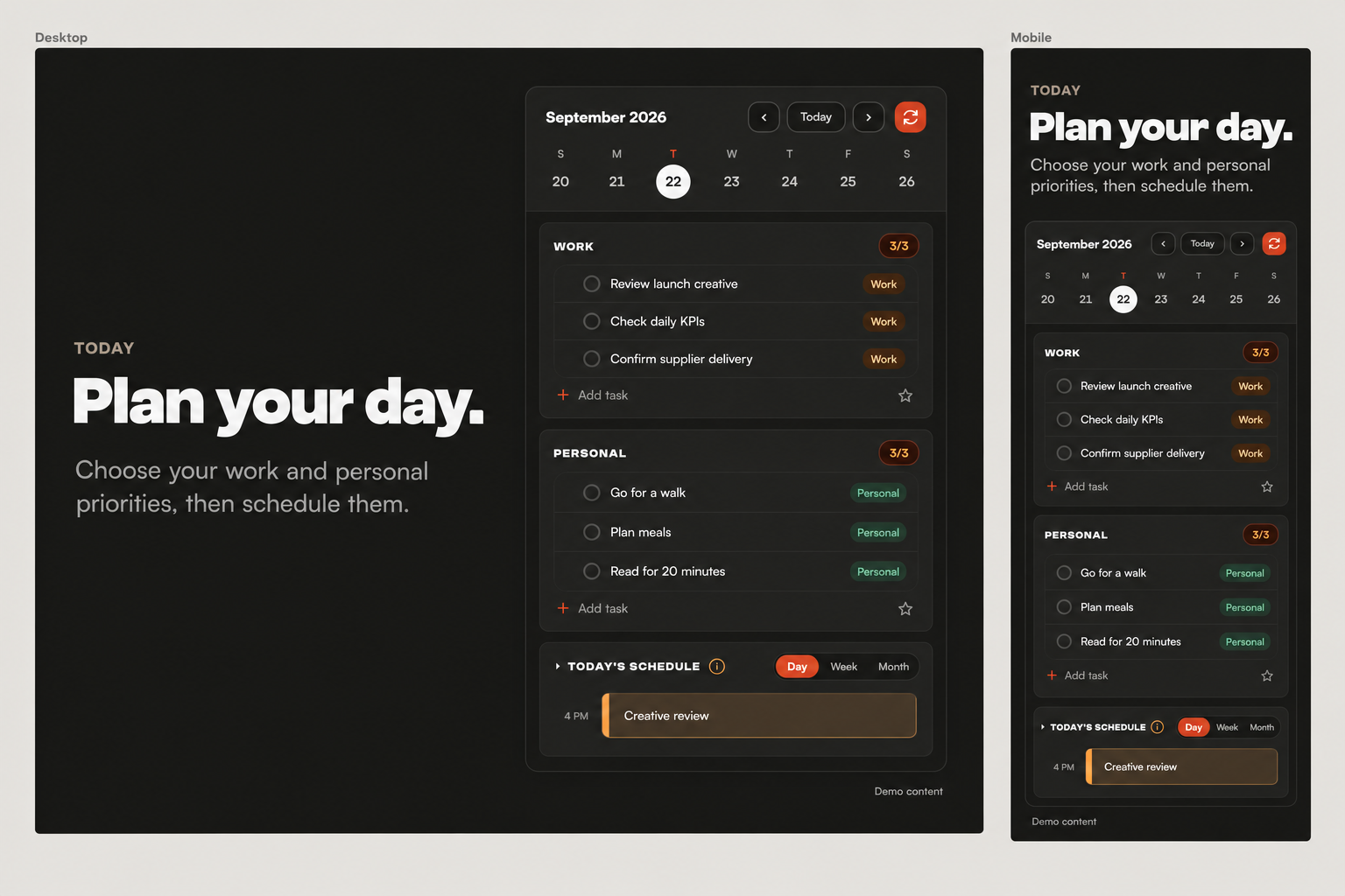 Today's work and personal priorities with a scheduled creative review. Fictional demo content.