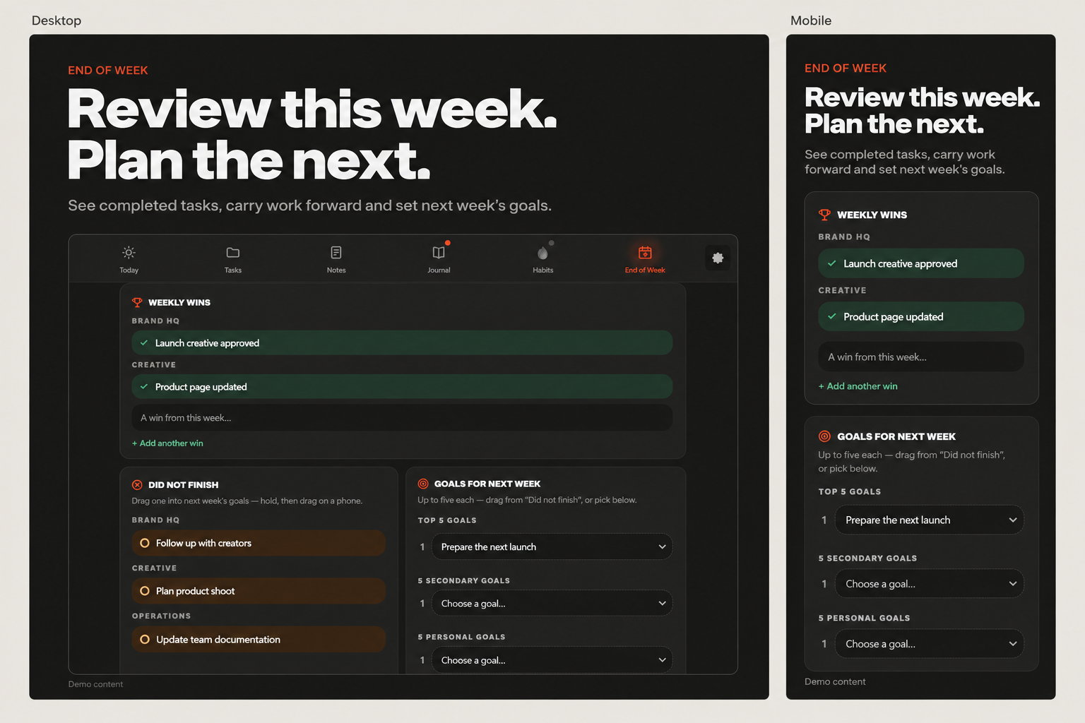 Weekly review showing wins, unfinished tasks and goals for next week, with fictional content.